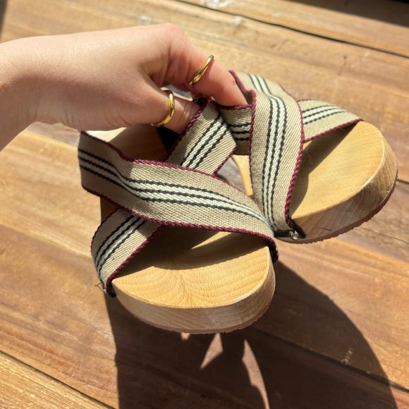 Burberry Vintage Striped Wooden Heeled Cross Strap Sandals Size 40 - Picture 2 of 11